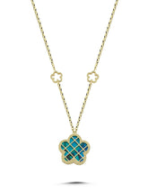 Çift Taraflı Mavi Beyaz Sedefli Kafesli Çiçek Altın Kolye