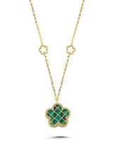 Çift Taraflı Yeşil Beyaz Sedefli Kafesli Çiçek Altın Kolye