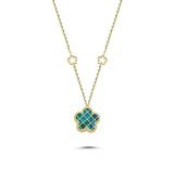 Çift Taraflı Mavi Beyaz Sedefli Kafesli Çiçek Altın Kolye