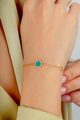 Çift Taraflı Turkuaz Beyaz Sedefli Çiçek Altın Bileklik