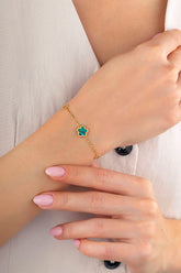 Çift Taraflı Yeşil Beyaz Sedefli Çiçek Altın Bileklik