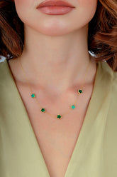 Çift Taraflı Yeşil Beyaz Sedefli Beş Çiçekli Altın Kolye