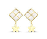 Pembe Sedefli Dörtgen Sallantı Çiçek Altın Küpe