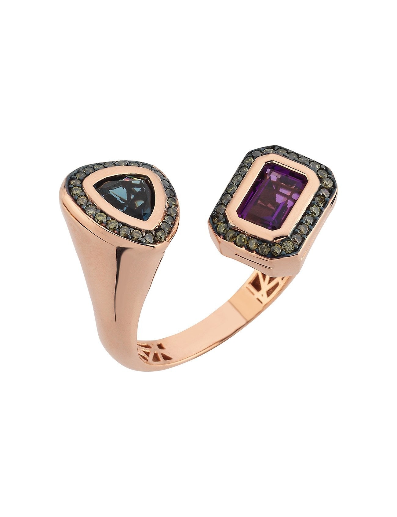 خاتم ذهبي مرصع بأحجار وردية وخضراء Ürün ana görseli