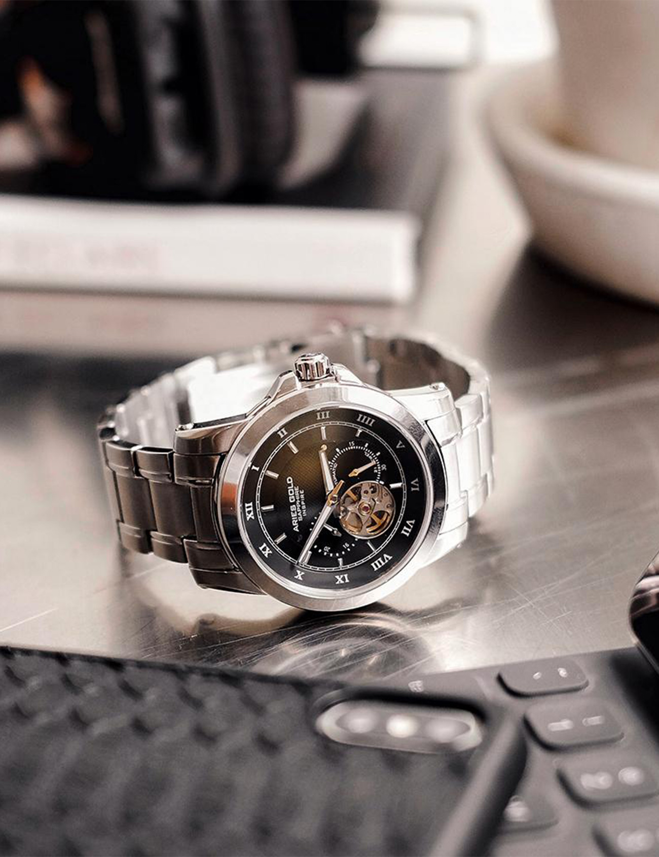 Erkek Saat Aries Gold G 9001 S-BK 42mm Safir Cam | Pırlant