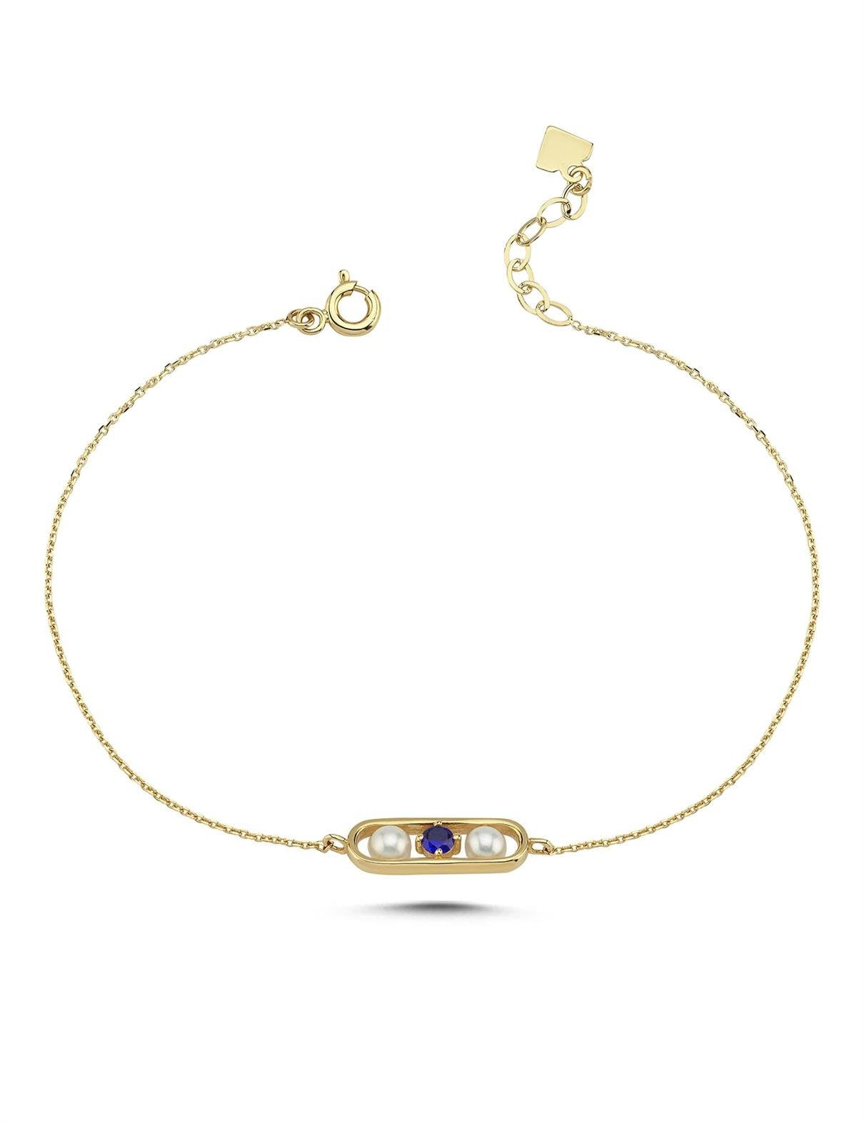 Mavi Renkli Çift Taşlı İncili Kapsül Bileklik Ürün ana görseli