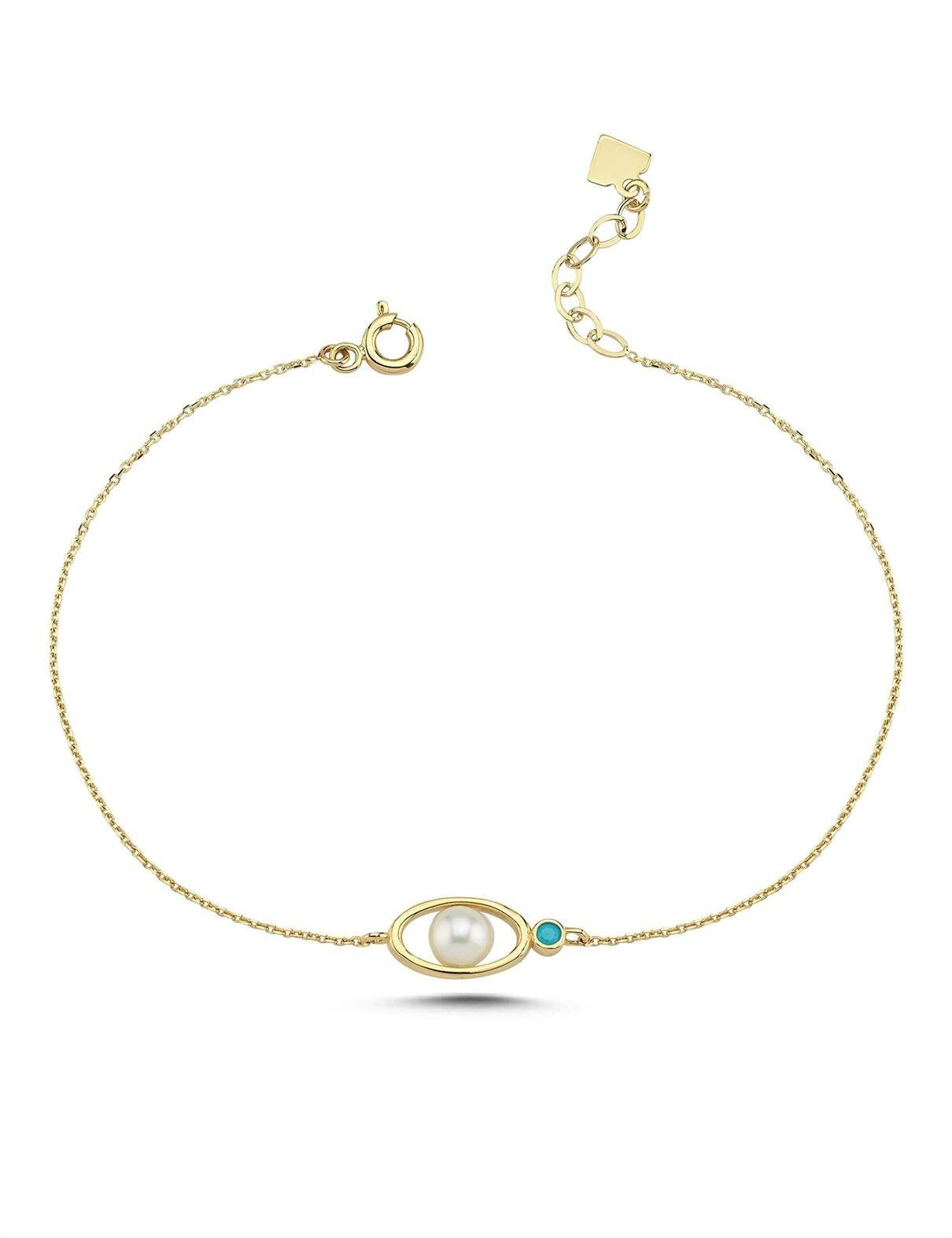 Turkuaz Renkli Taşlı İncili Bileklik