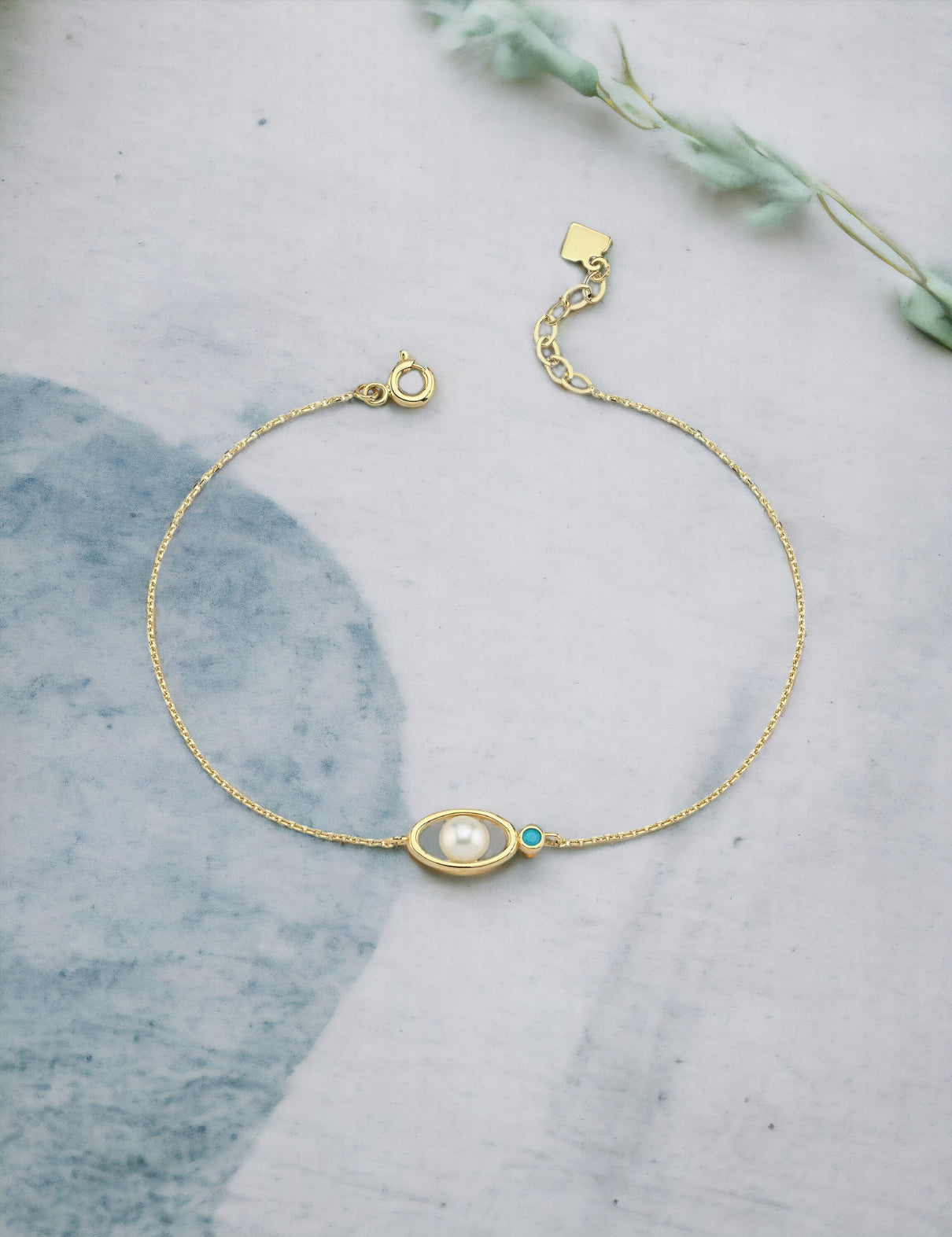 Turkuaz Renkli Taşlı İncili Bileklik