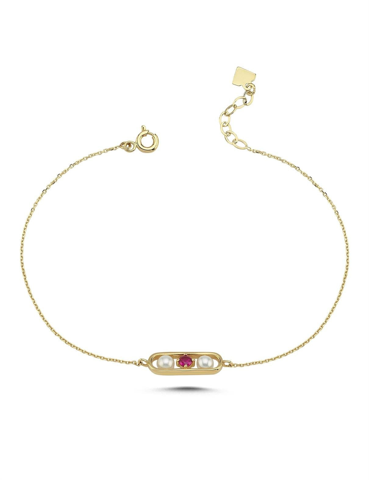 Pembe Renkli Çift Taşlı İncili Bileklik Ürün ana görseli