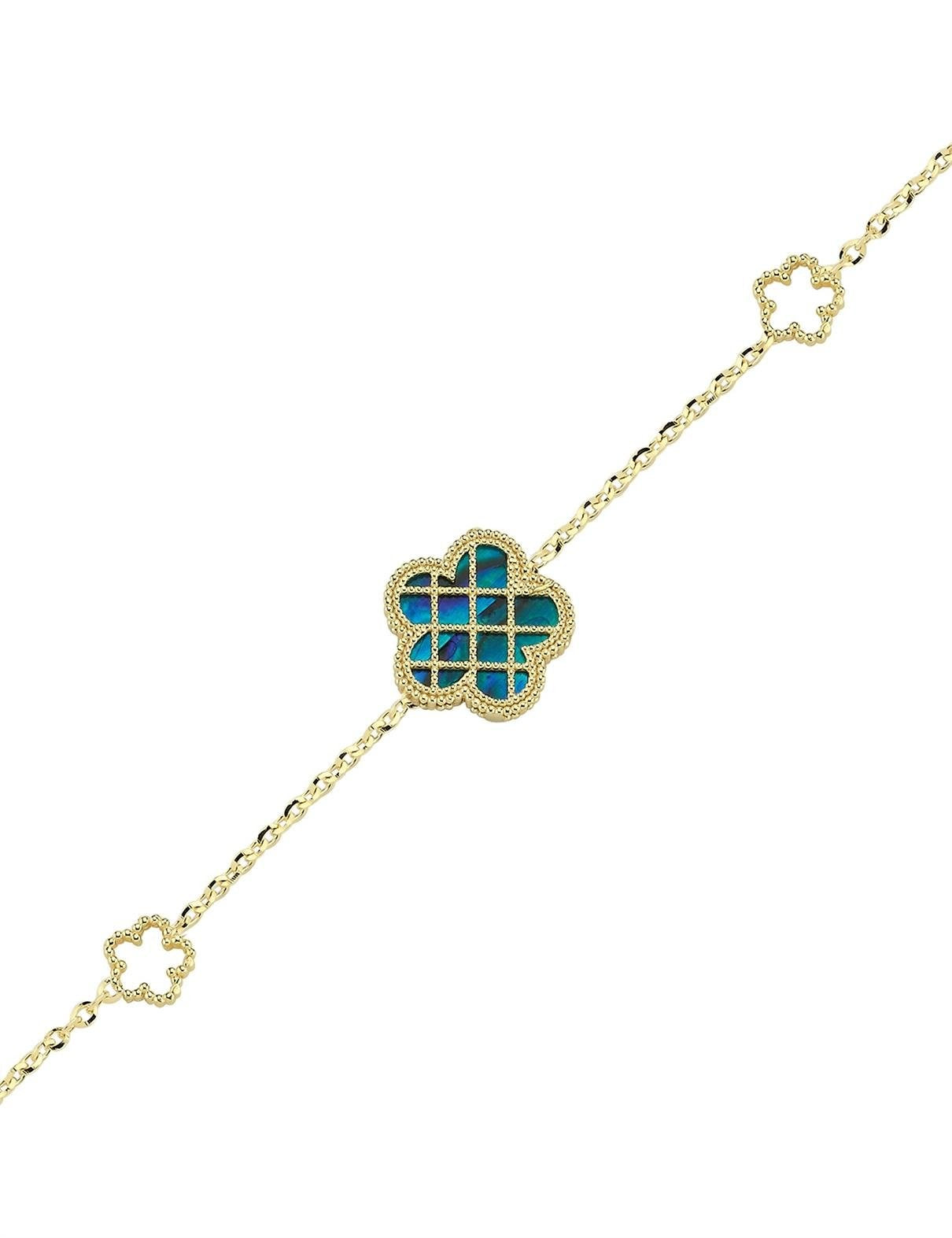 Çift Taraflı Mavi Beyaz Sedef Kafesli Çiçek Altın Bileklik