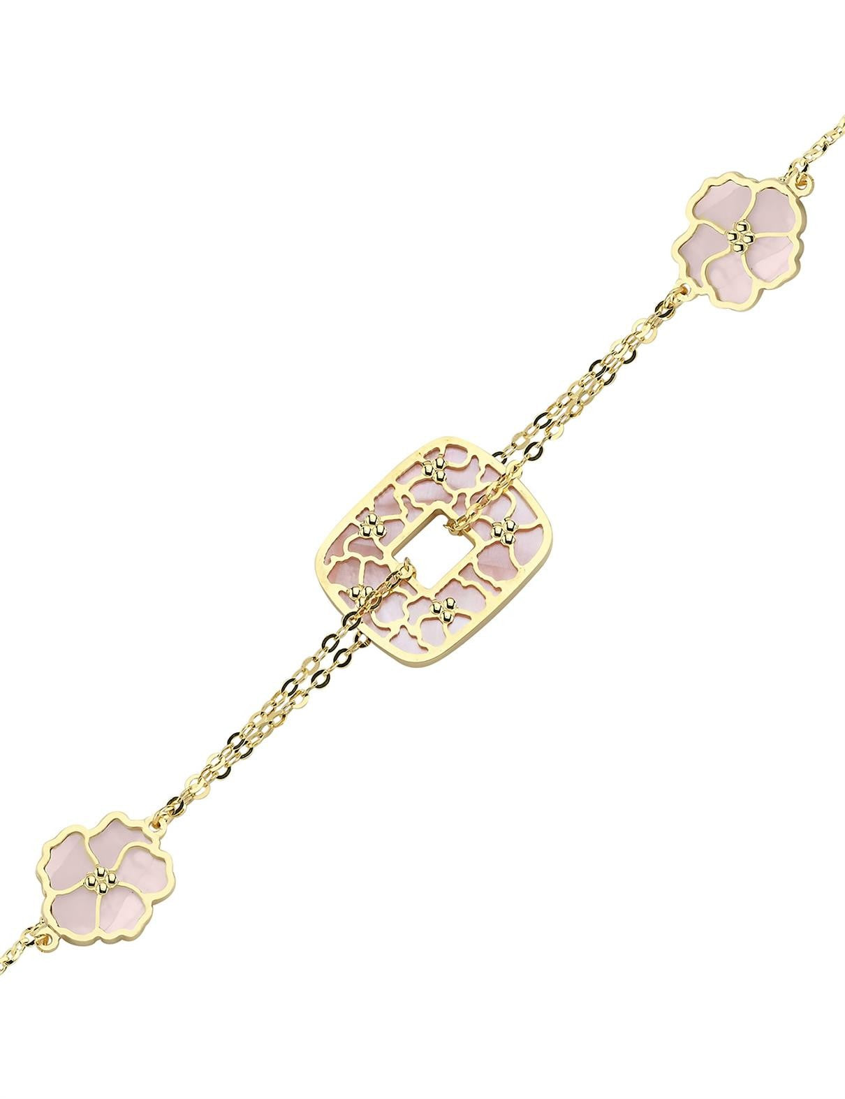 Çift Taraflı Pembe Beyaz Sedefli Altın Bileklik