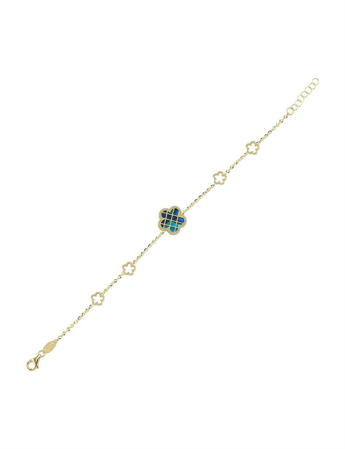 Çift Taraflı Mavi Beyaz Sedefli Kafesli Çiçek Altın Bileklik