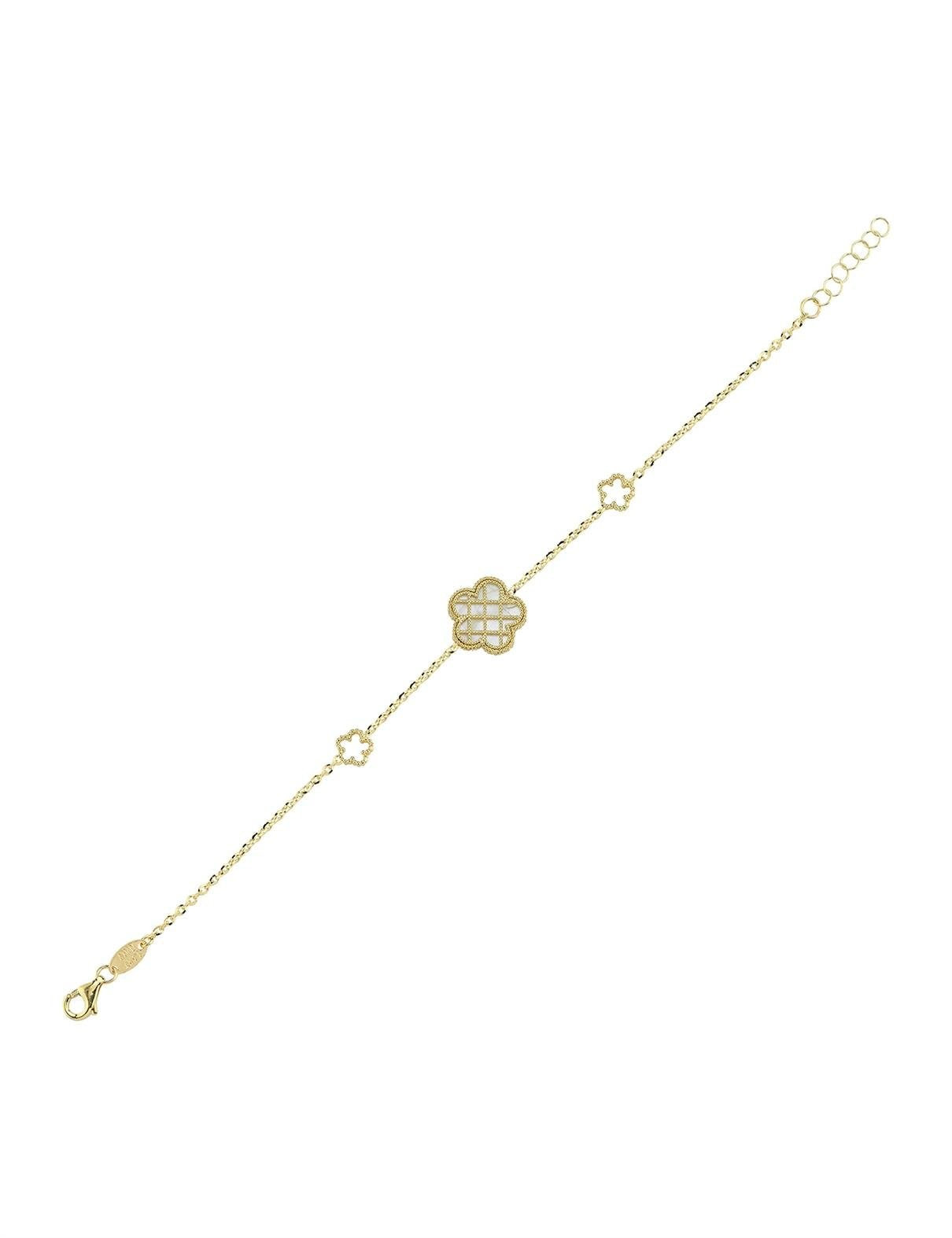 Çift Taraflı Mavi Beyaz Sedef Kafesli Çiçek Altın Bileklik