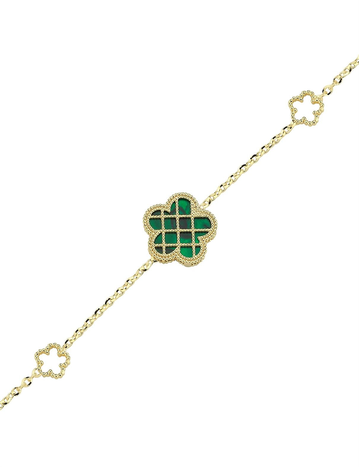 Çift Taraflı Yeşil Beyaz Sedef Kafesli Çiçek Altın Bileklik