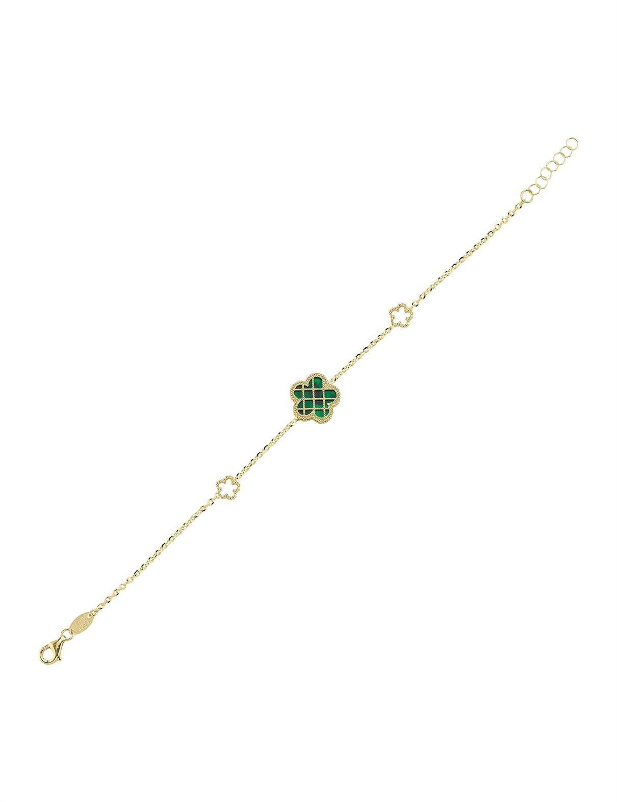 Çift Taraflı Yeşil Beyaz Sedef Kafesli Çiçek Altın Bileklik