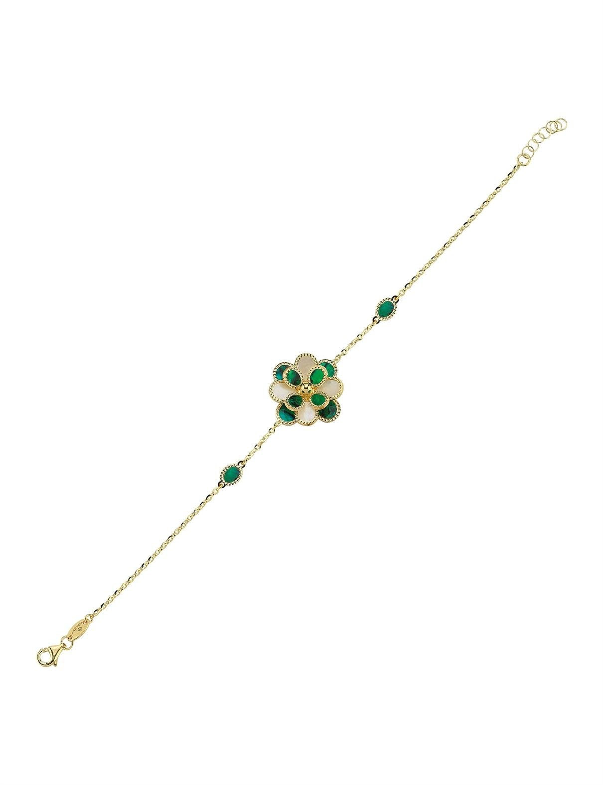 Yeşil Beyaz Sedefli Çiçek Altın Bileklik