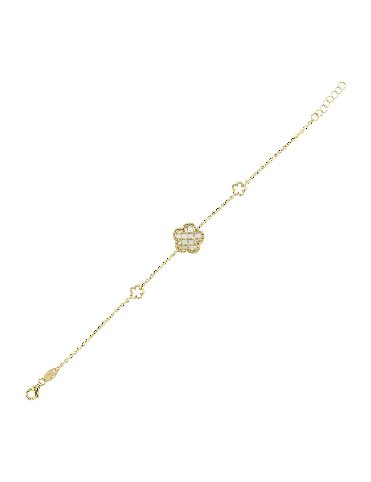 Çift Taraflı Pembe Beyaz Sedefli Çiçek Altın Bileklik