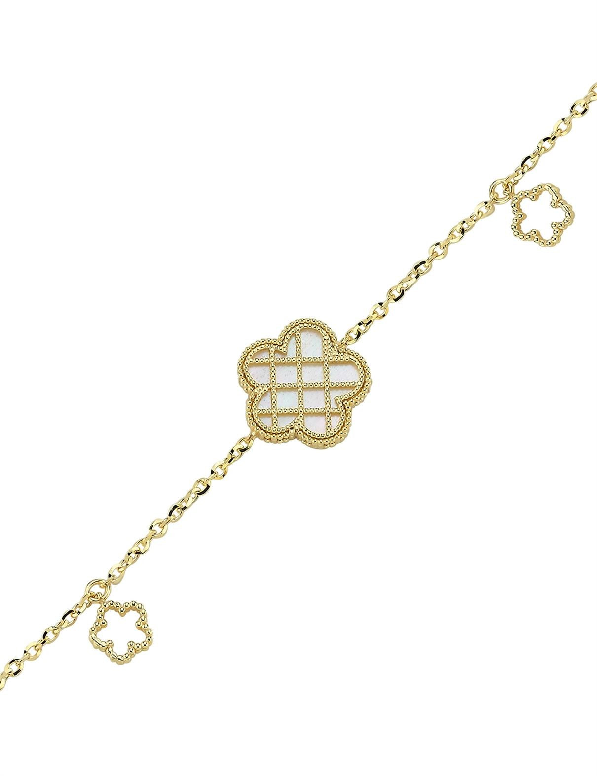 Çift Taraflı Pembe Beyaz Sedefli Kafesli Çiçek Altın Bileklik