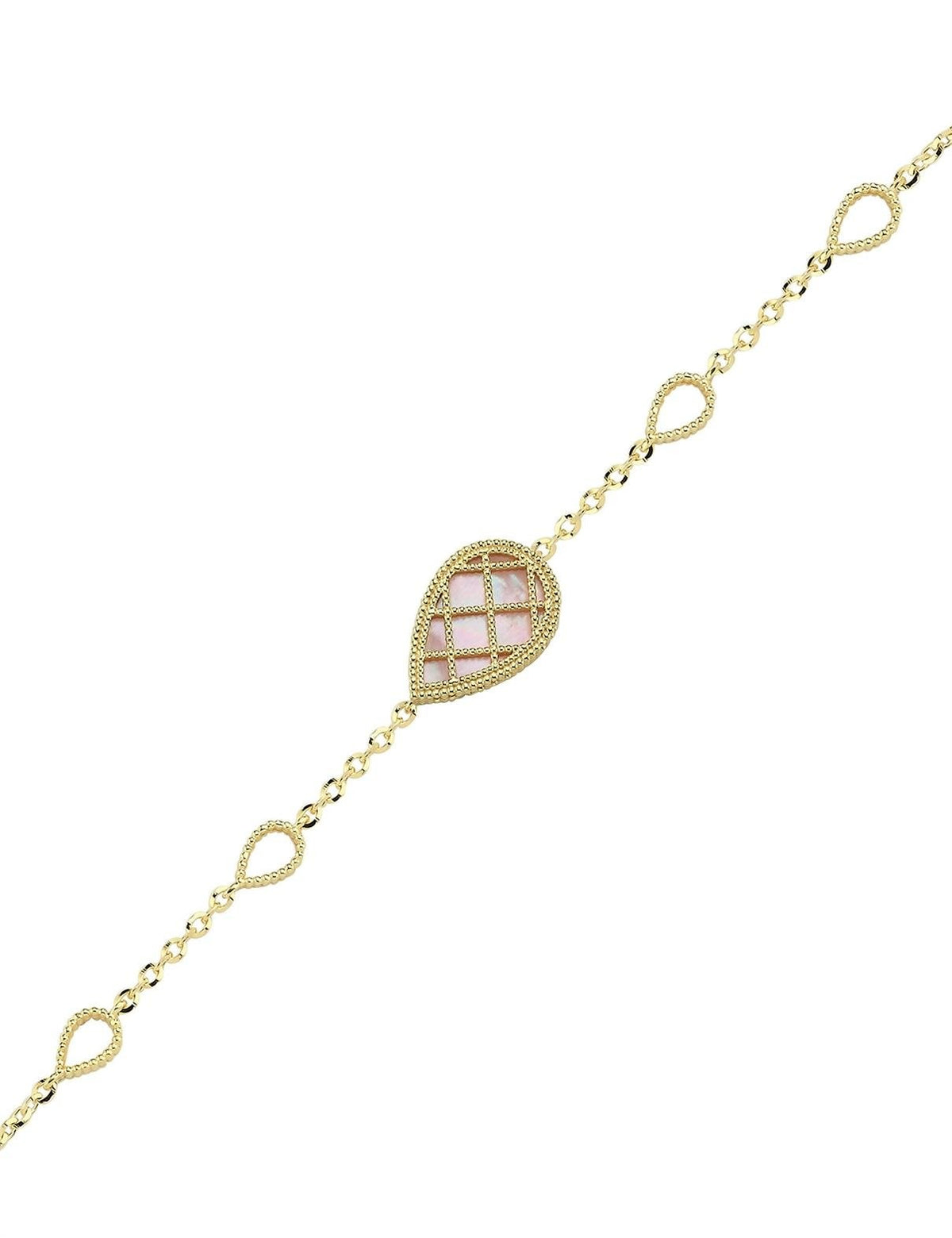 Çift Taraflı Pembe Beyaz Sedefli Damla Altın Bileklik