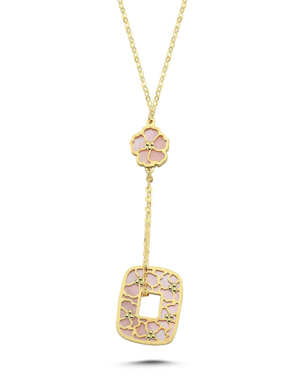 Çift Taraflı Pembe Beyaz Sedefli Çiçek Sallantılı Altın Kolye