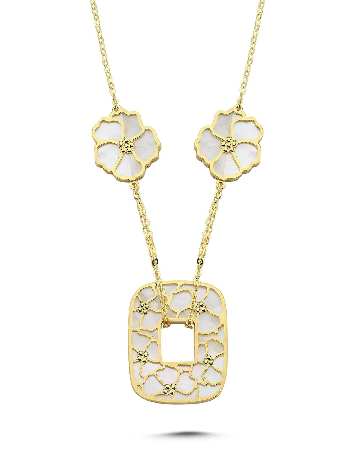 Çift Taraflı Beyaz Pembe Çiçekli Geometrik Altın Kolye