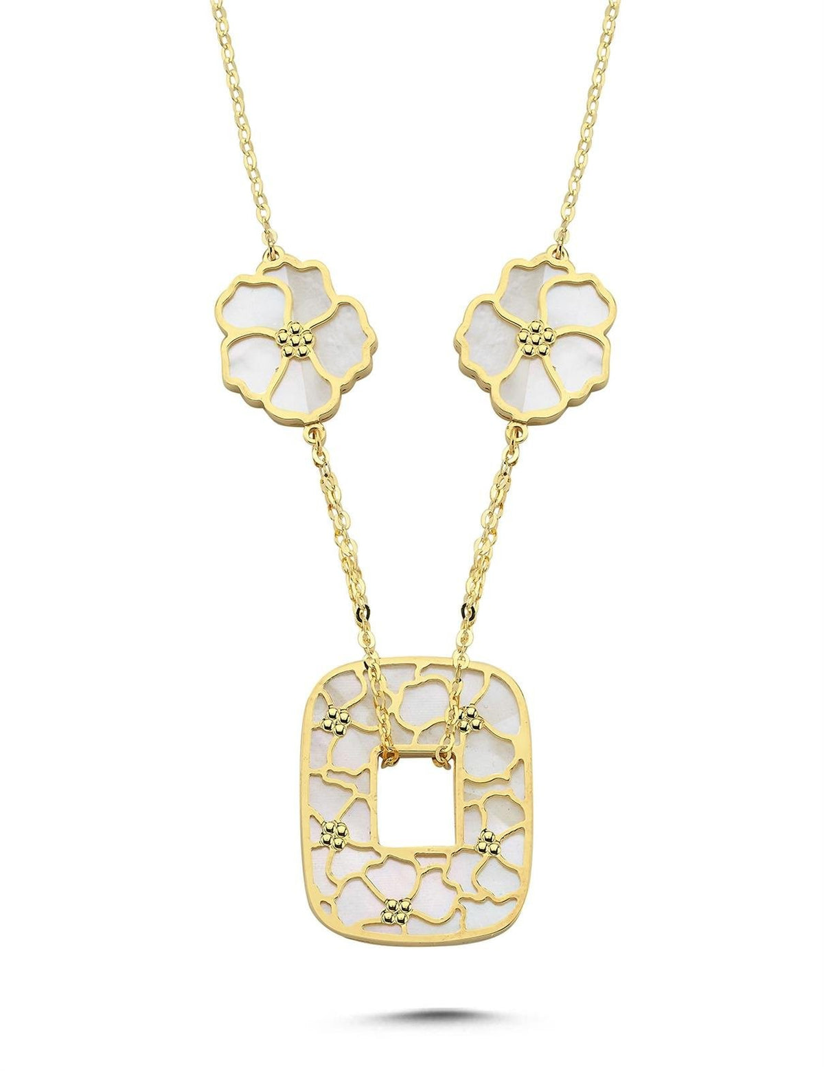 Çift Taraflı Beyaz Pembe Çiçekli Geometrik Altın Kolye