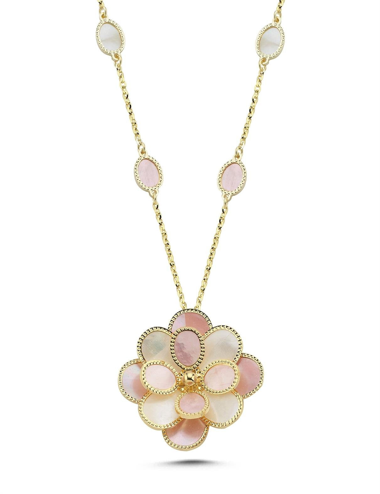Pembe Beyaz Sedefli Modern Çiçek Altın Kolye