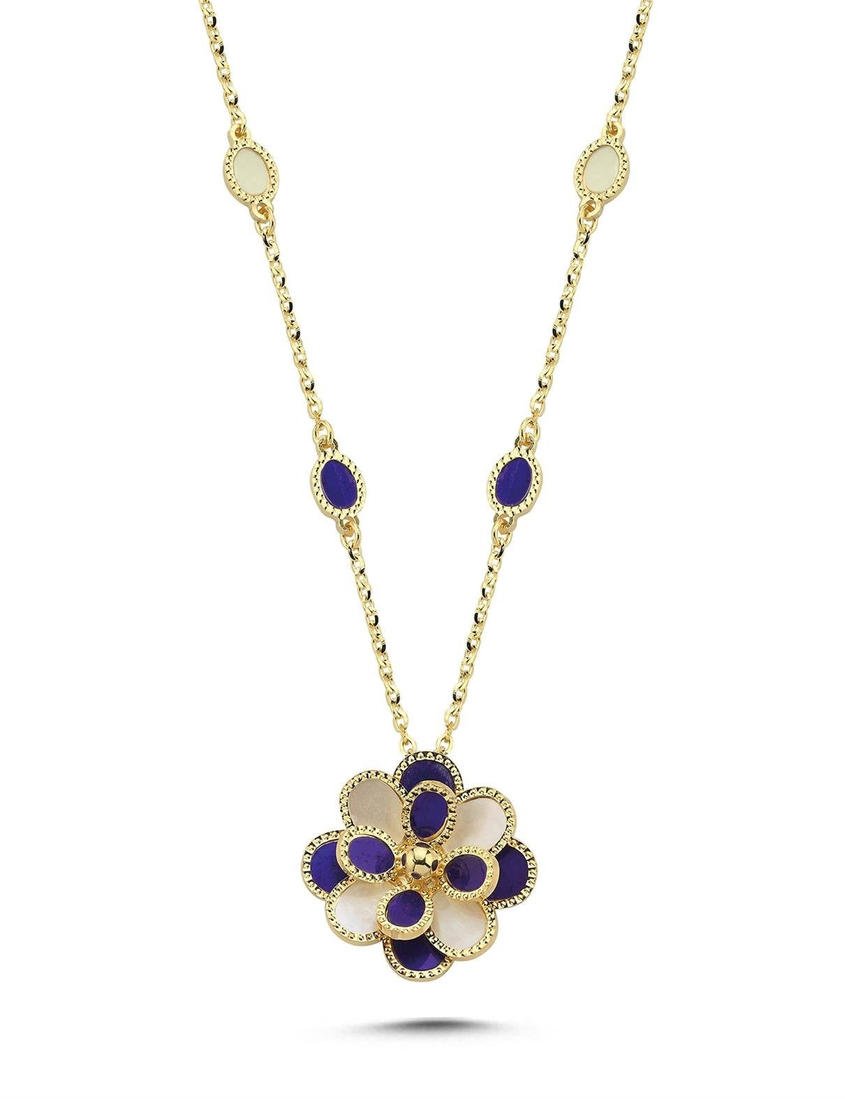 Mavi Beyaz Sedefli Reelist Çiçek İtalyan Altın Kolye