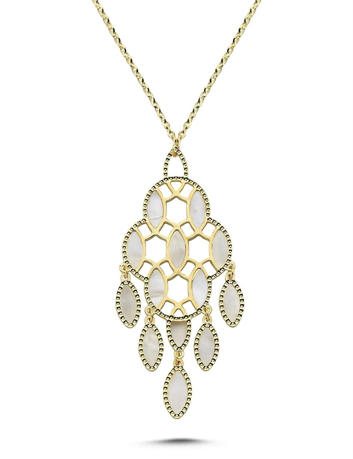 Çift Taraflı Pembe Beyaz Sedefli Tasarım İtalya Altın Kolye