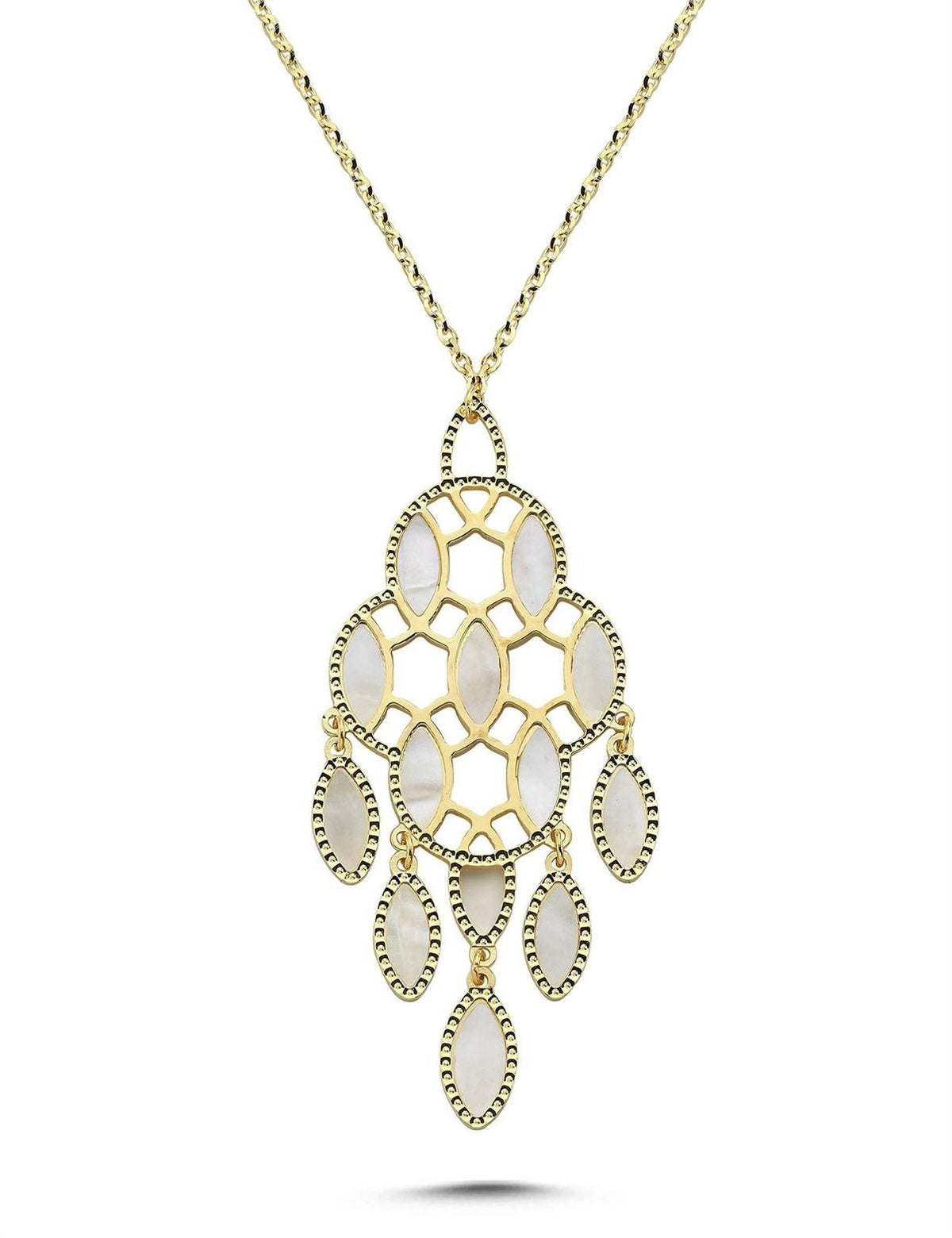 Çift Taraflı Pembe Beyaz Sedefli Tasarım İtalya Altın Kolye