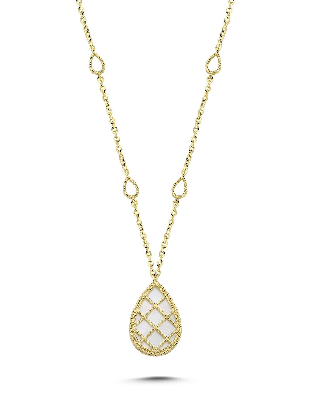 Çift Taraflı Mavi Beyaz Damla Kafesli Altın Kolye