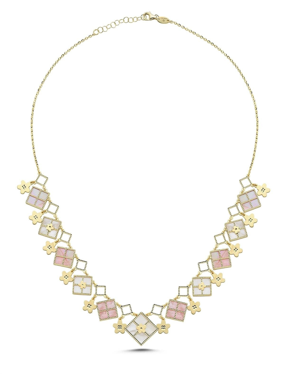 Beyaz Pembe Sedefli Dörtgen Şekilli İtalyan Altın Kolye