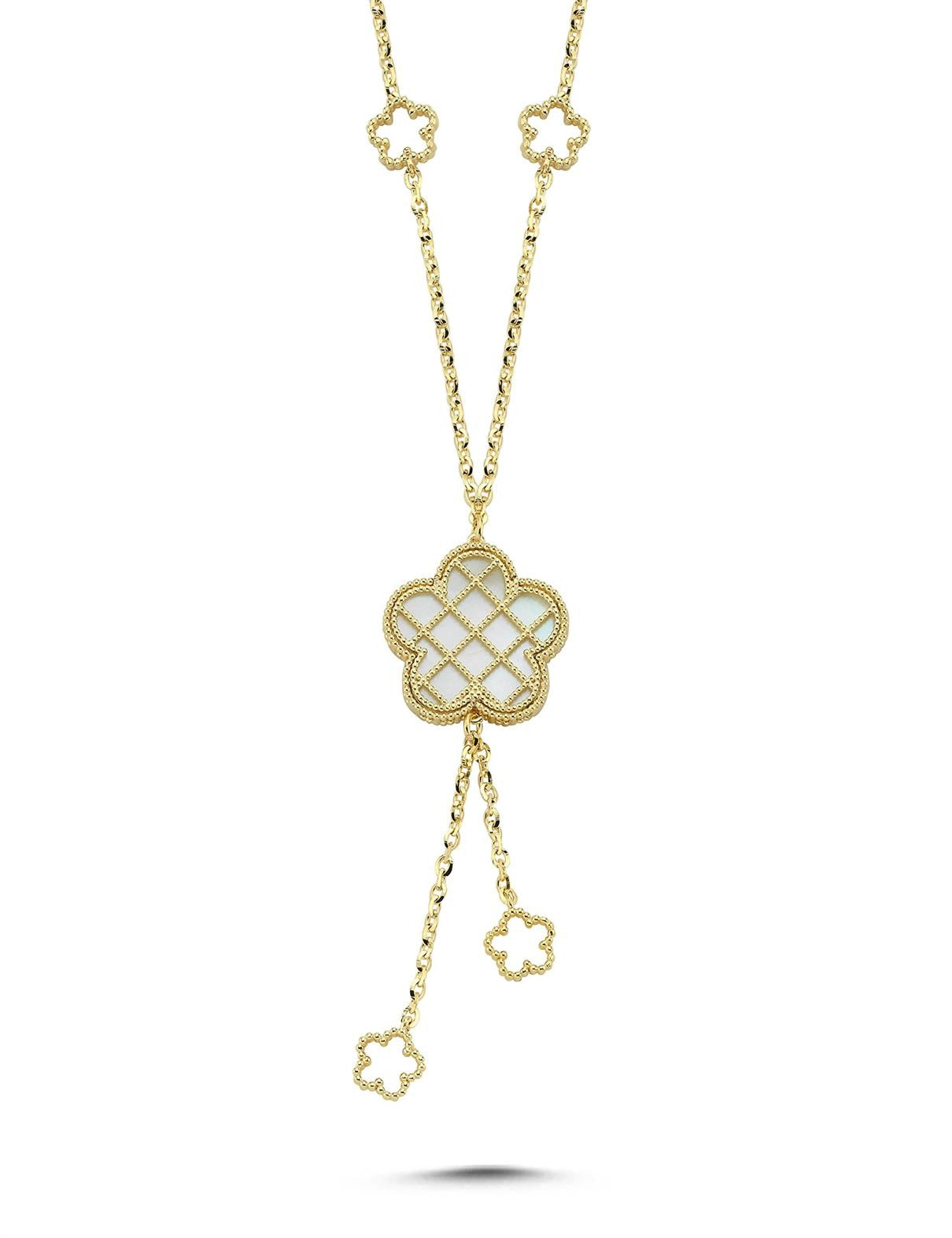 Çift Taraflı Mavi Beyaz Çiçek Sallantılı Altın Kolye