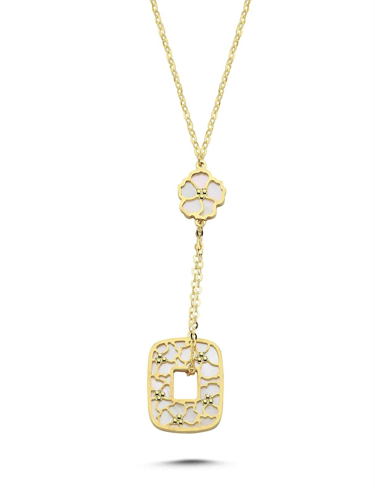 Çift Taraflı Pembe Beyaz Sedefli Çiçek Sallantılı Altın Kolye