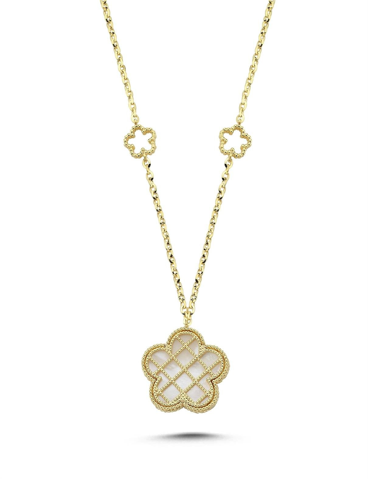 Çift Taraflı Pembe Beyaz Sedefli Kafesli Çiçek Altın Kolye