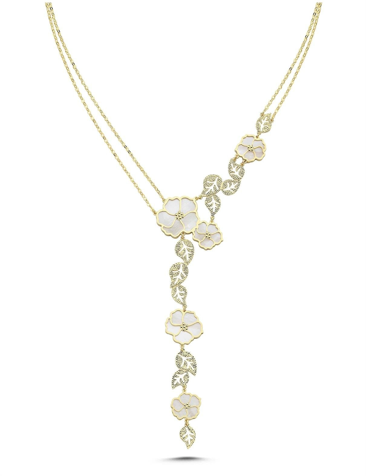 Beyaz Sedefli Çiçek ve Yaprak Detaylı İtalyan Altın Kolye