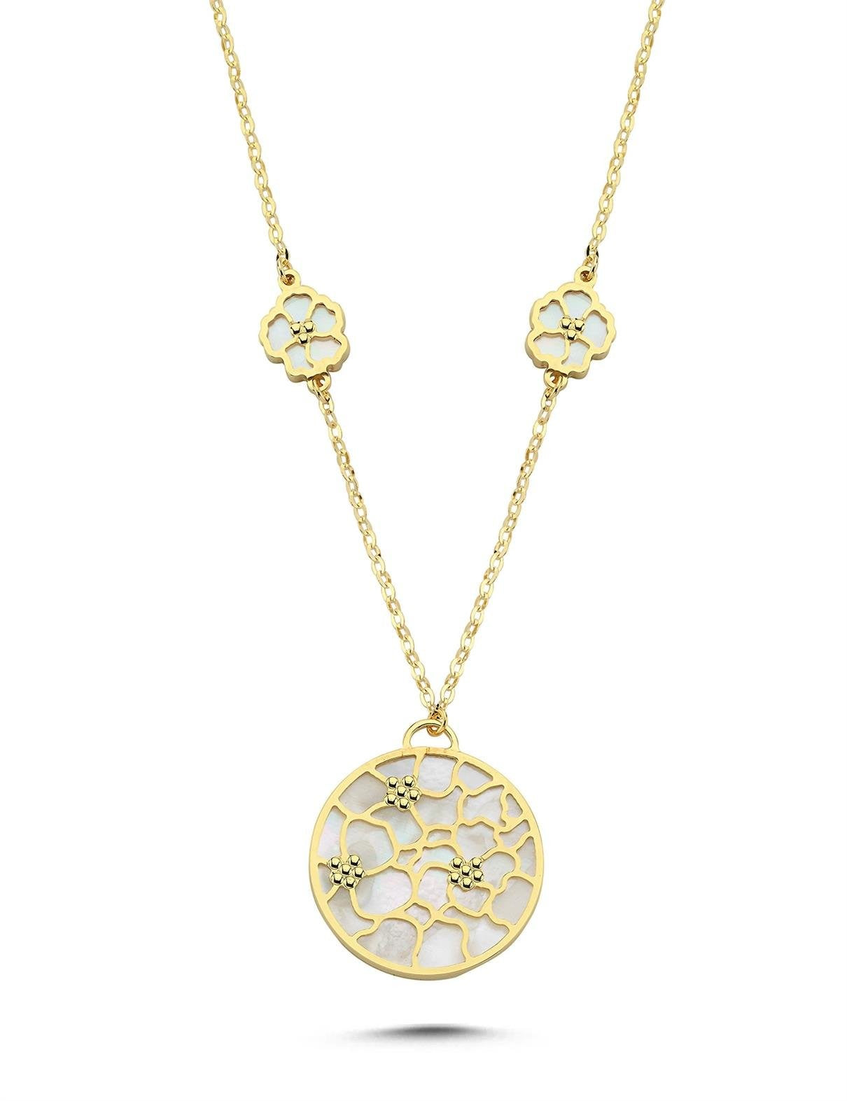 Çift Taraflı Pembe Beyaz Sedefli Çiçekli Modern Altın Kolye