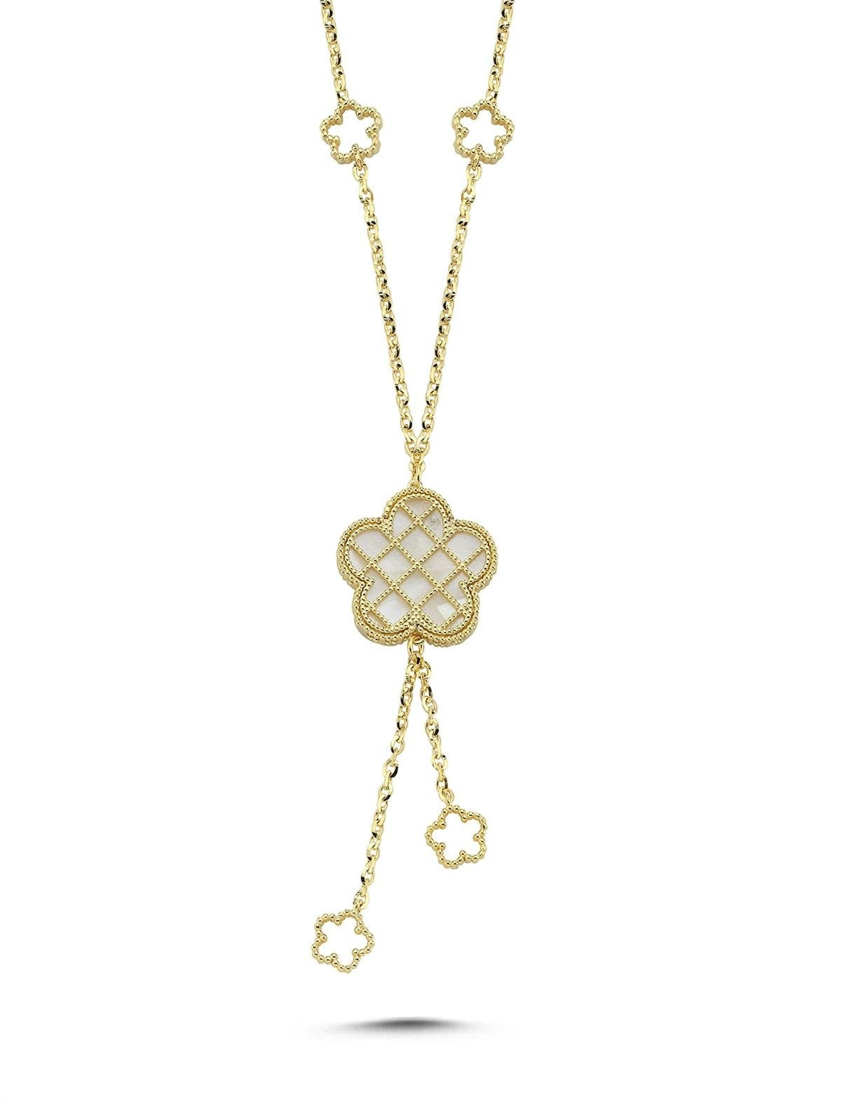 Çift Taraflı Pembe Beyaz Çiçek Sallantılı Altın Kolye