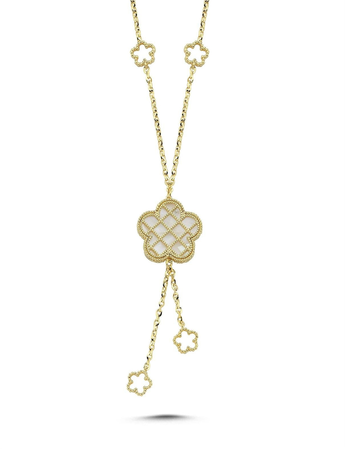 Çift Taraflı Pembe Beyaz Çiçek Sallantılı Altın Kolye