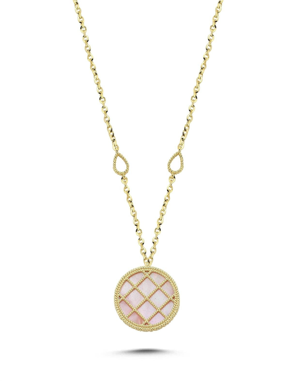 Çift Taraflı Pembe Beyaz Sedefli Altın Kolye