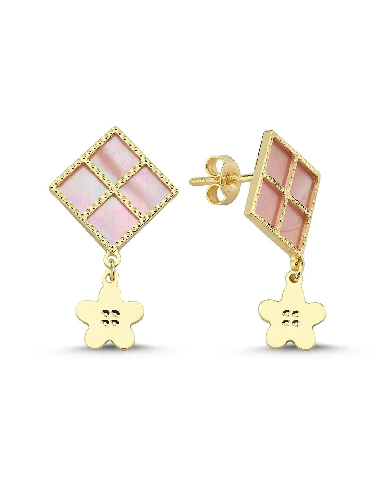 Pembe Sedefli Dörtgen Sallantı Çiçek Altın Küpe