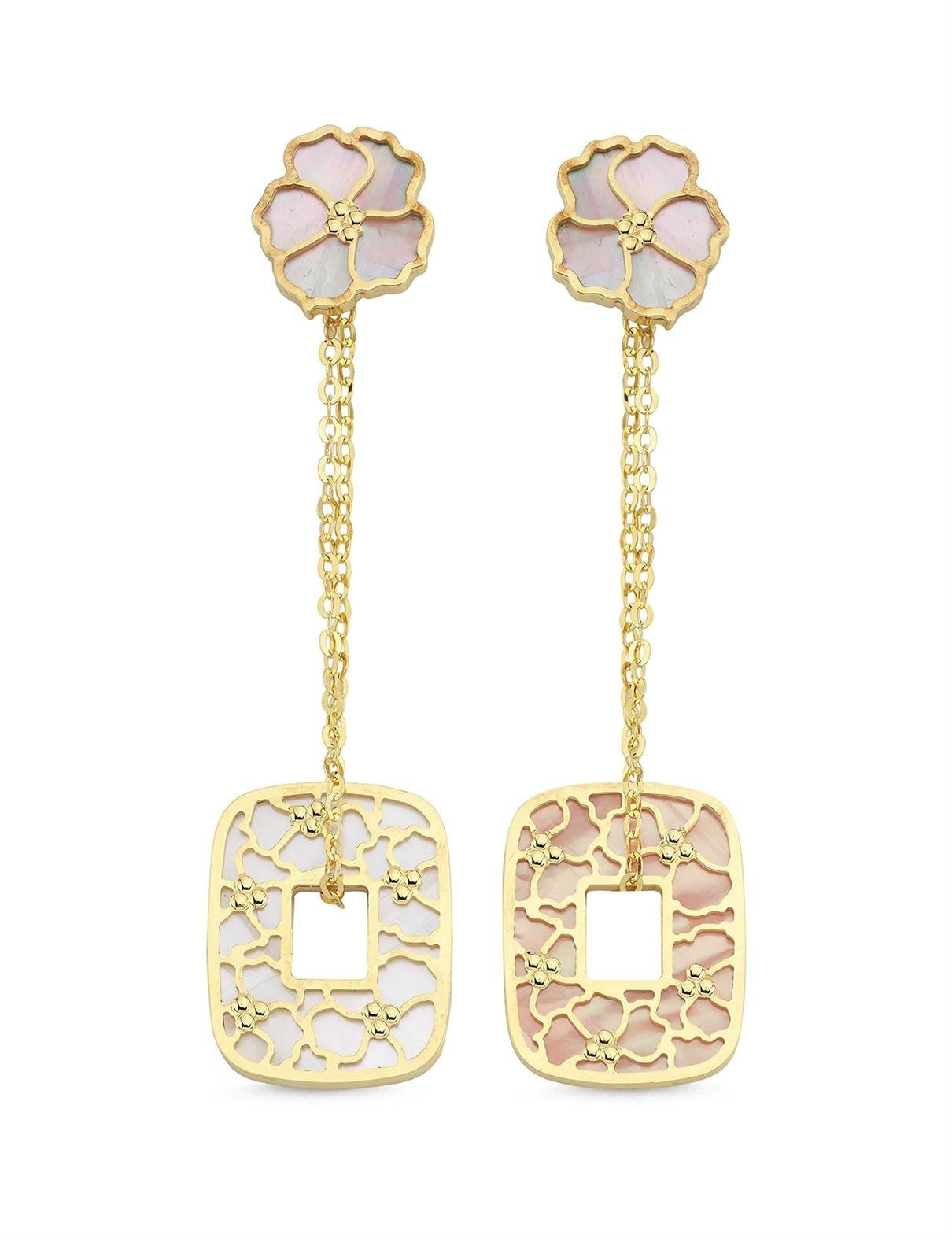 Sedefli Çiçek Geometrik Sarkan Altın Küpe Ürün ana görseli