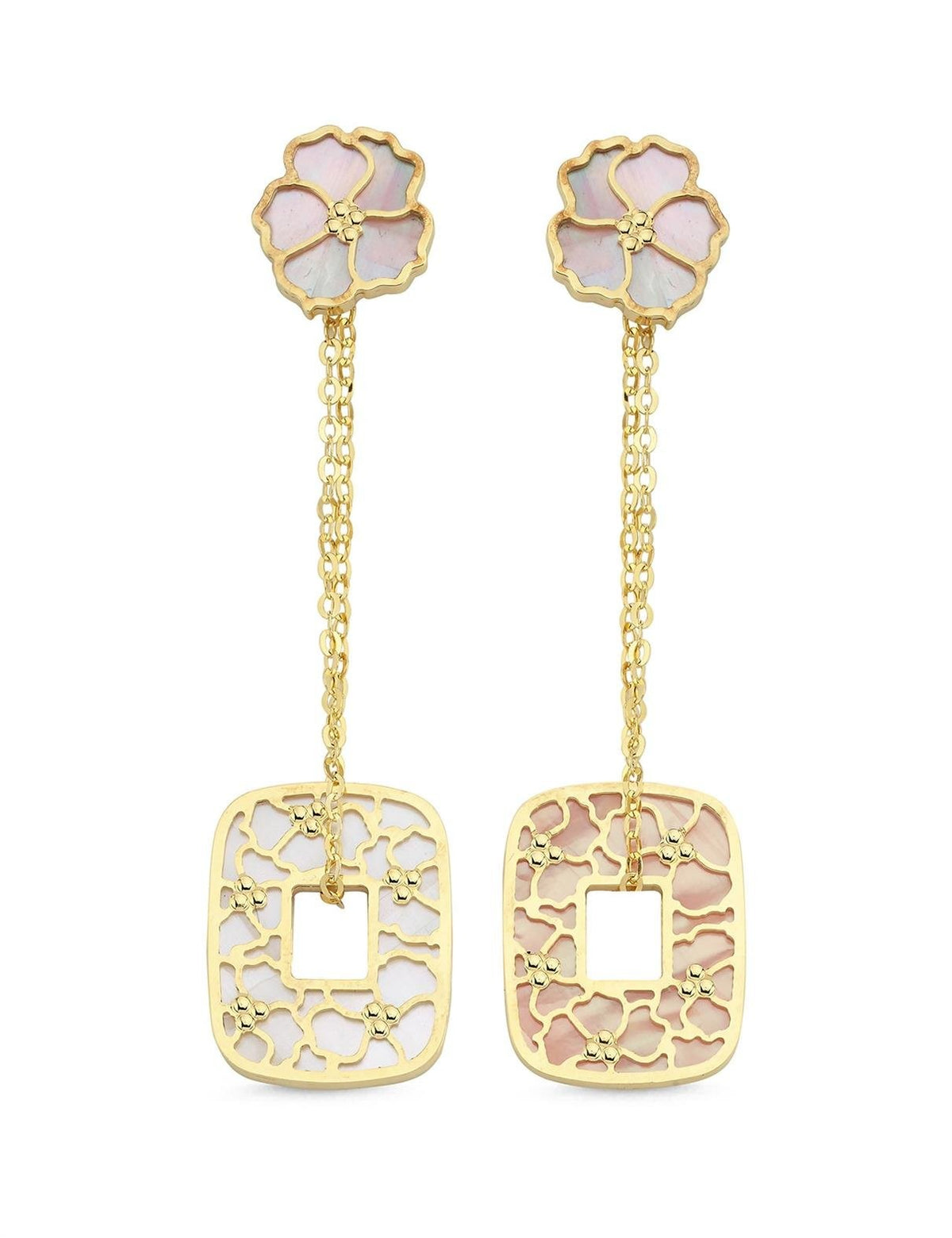 Sedefli Çiçek Geometrik Sarkan Altın Küpe