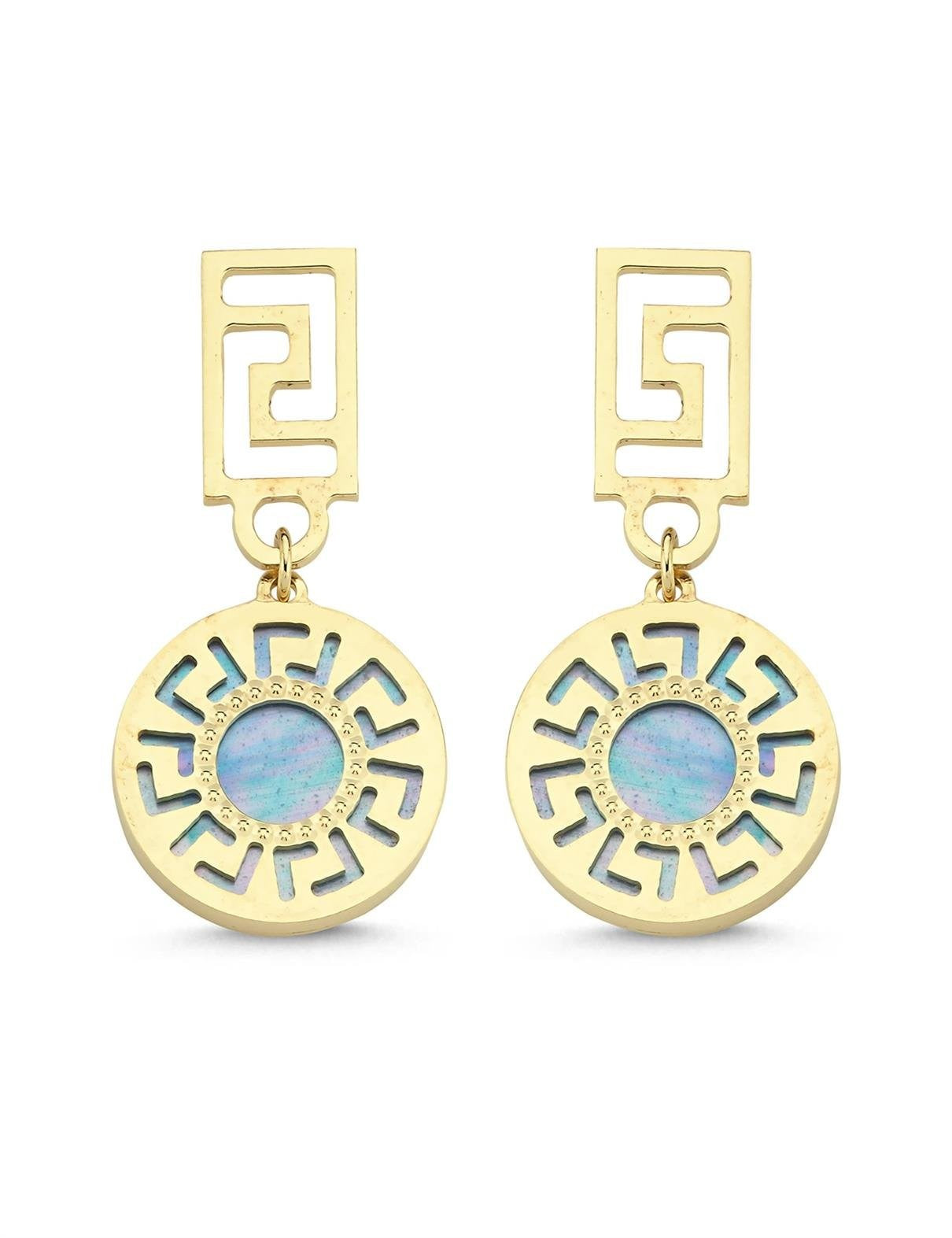 Turkuaz Sedefli Modern Geo Altın Küpe