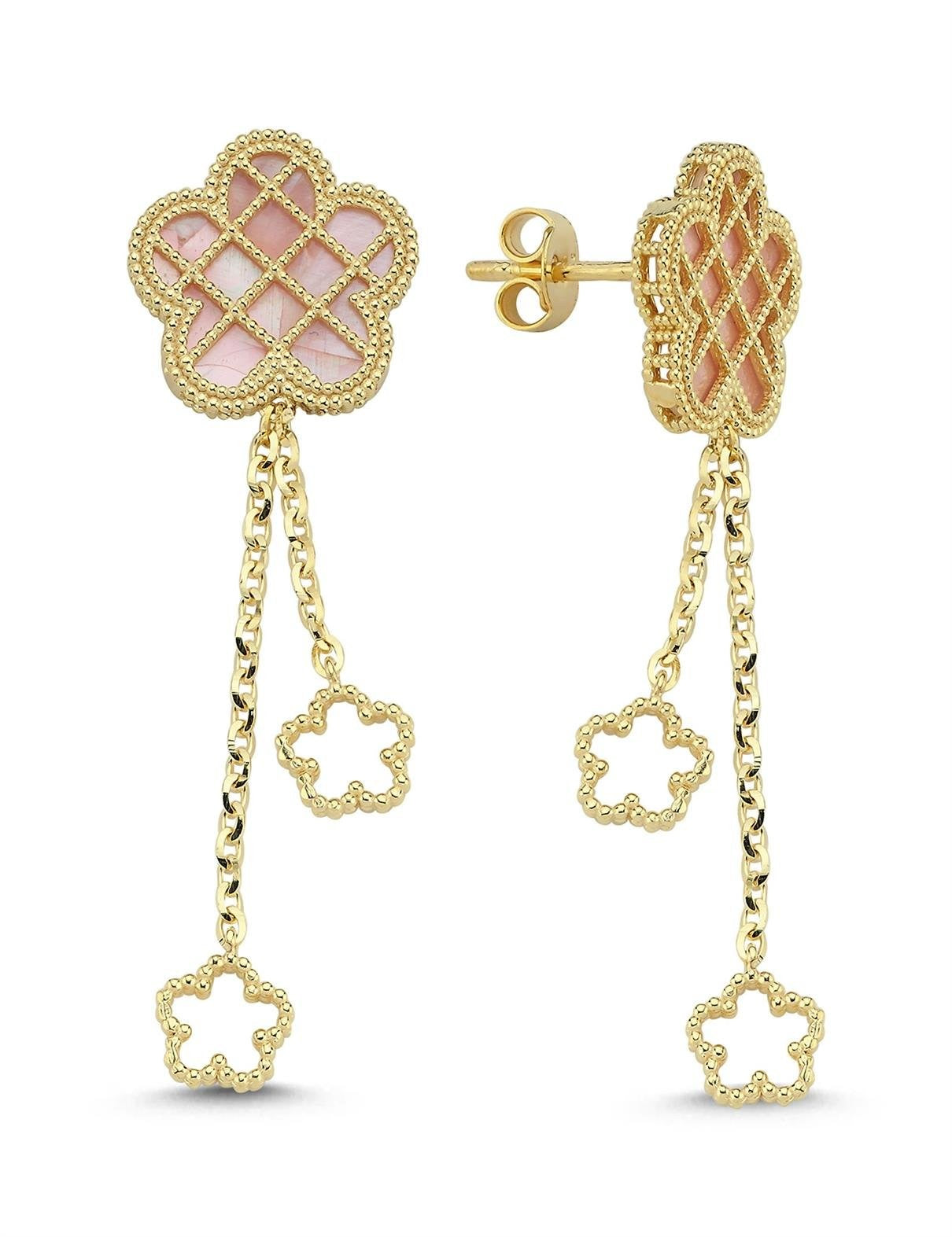 Pembe Sedef Kafesli Çiçek Altın Küpe Ürün ana görseli