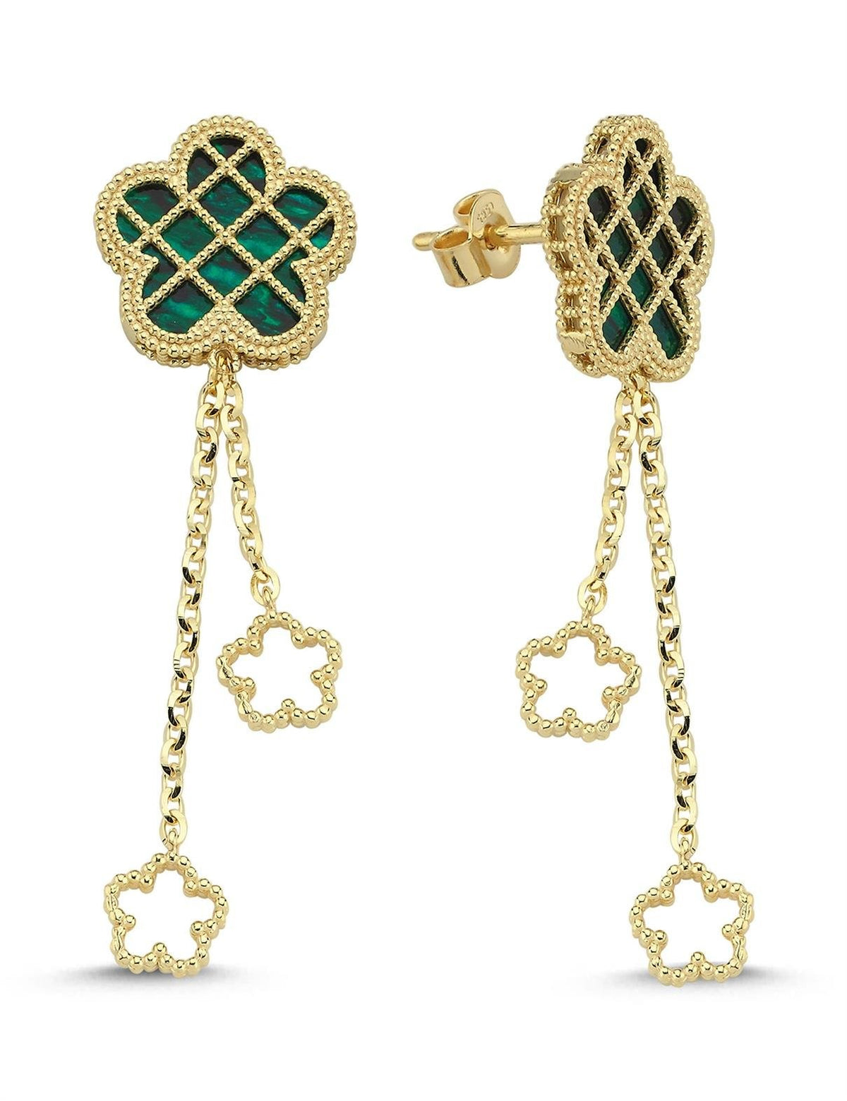 Yeşil Sedef Kafesli Çiçek Altın Küpe