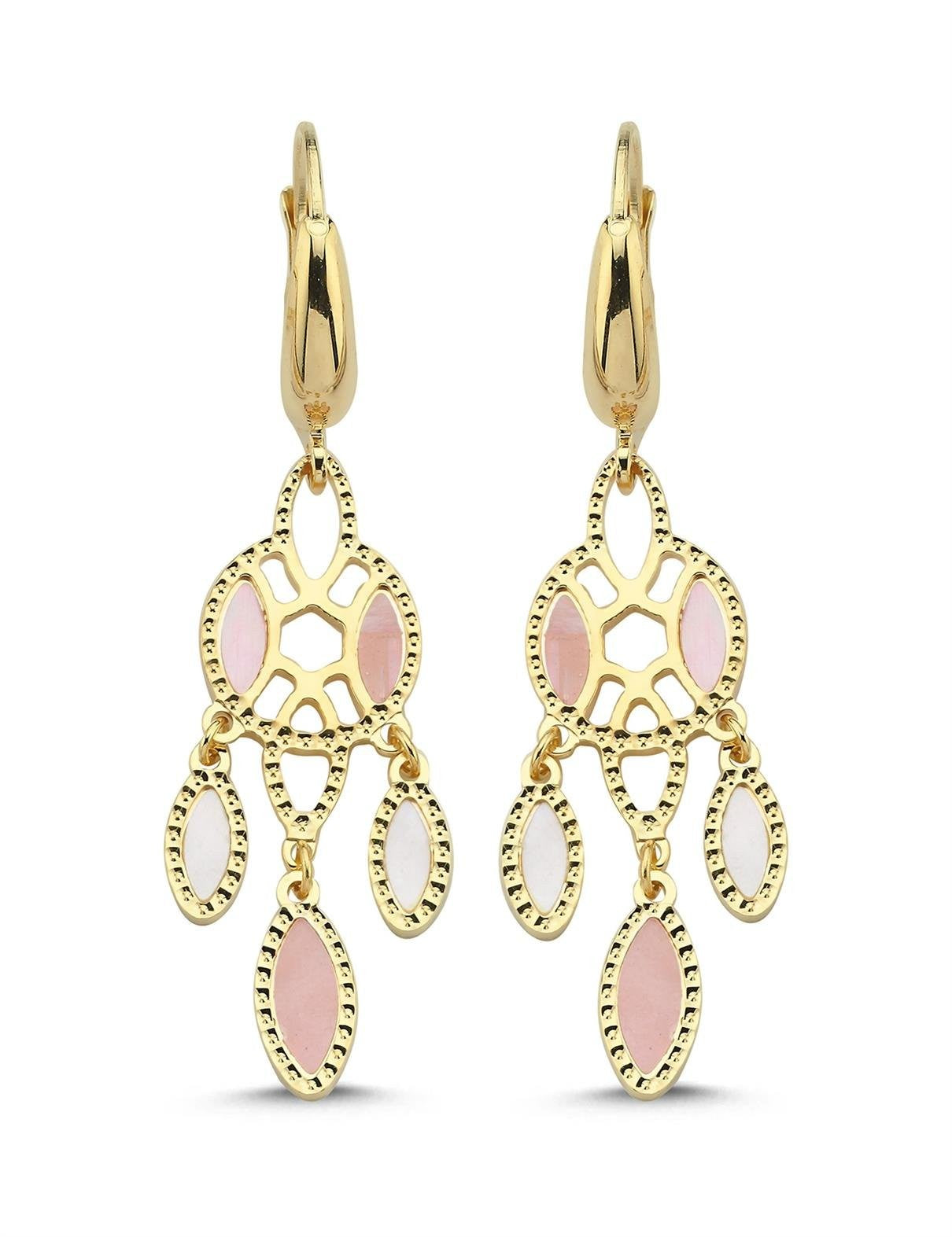 Beyaz ve Pembe Sedefli Sallanan Altın Küpe