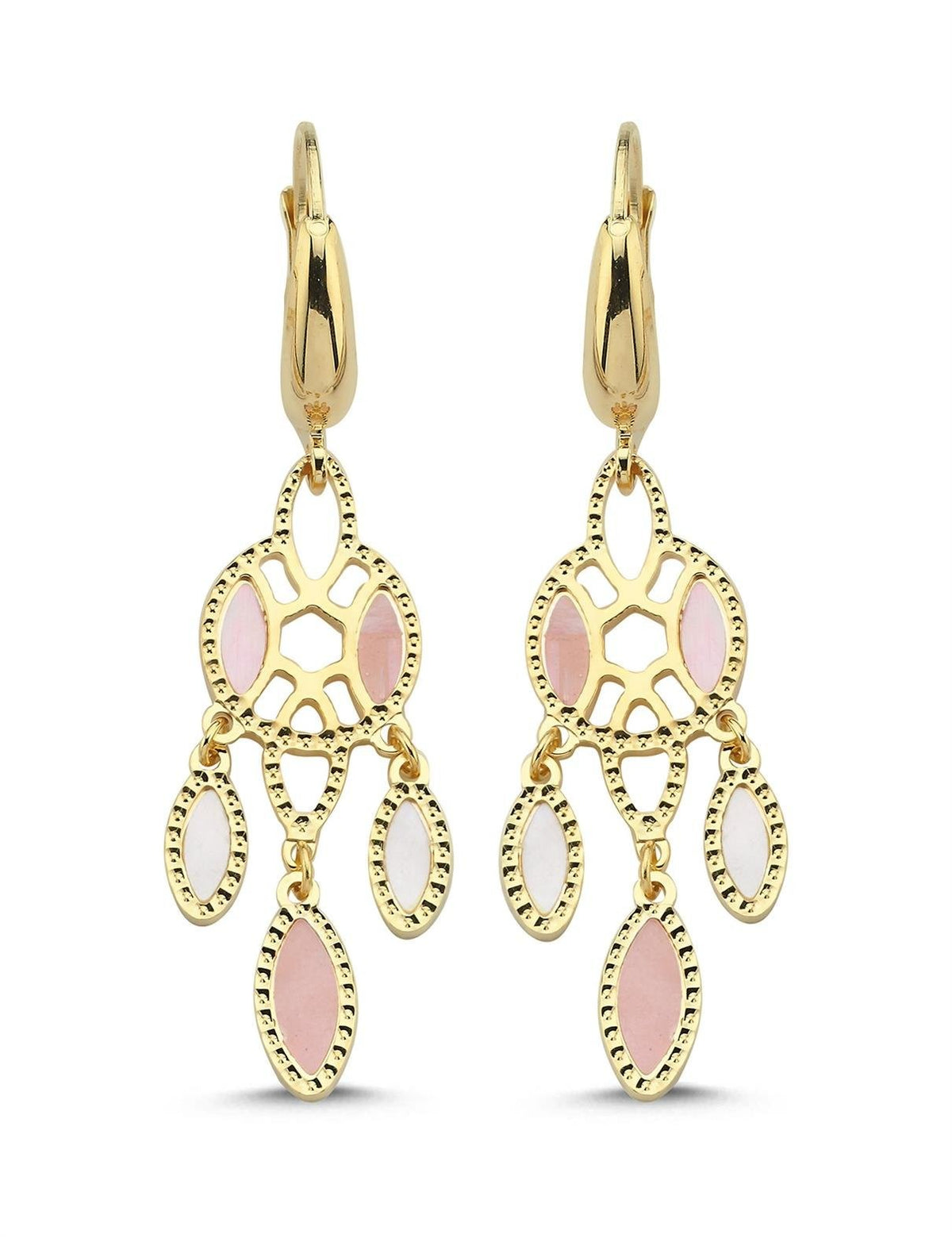 Beyaz ve Pembe Sedefli Sallanan Altın Küpe