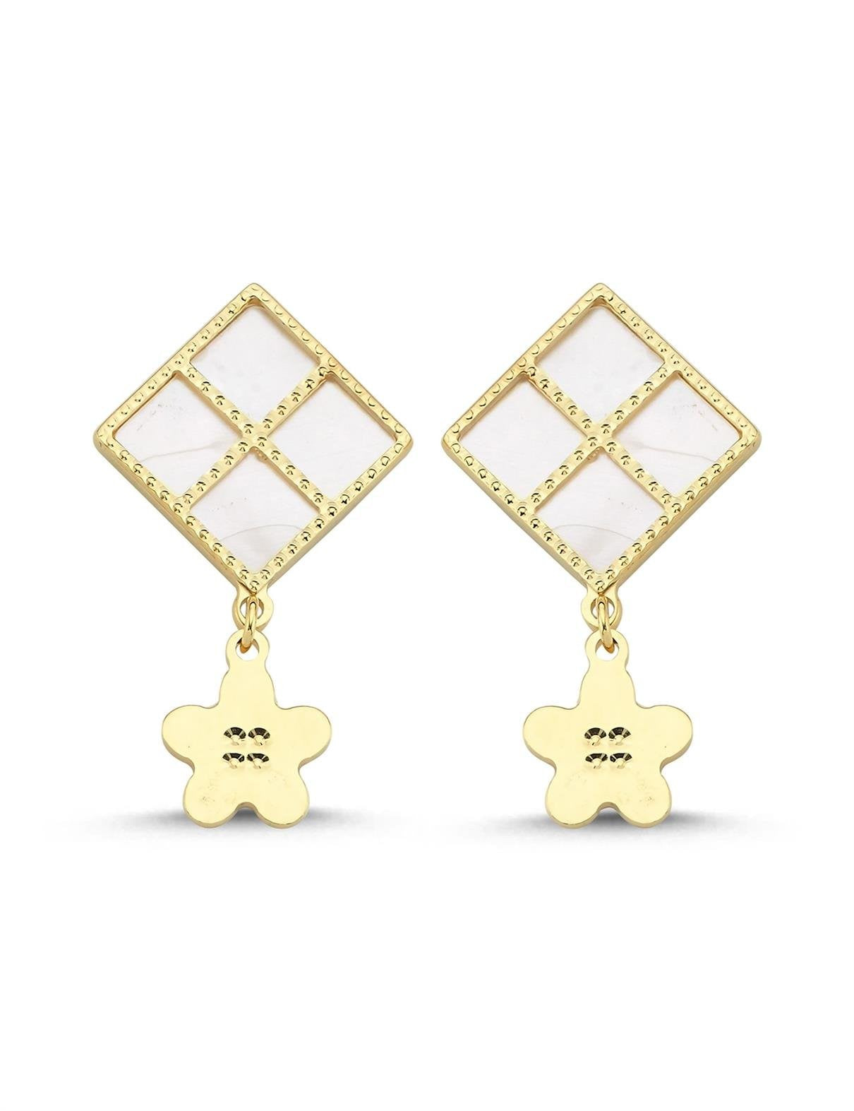 Pembe Sedefli Dörtgen Sallantı Çiçek Altın Küpe