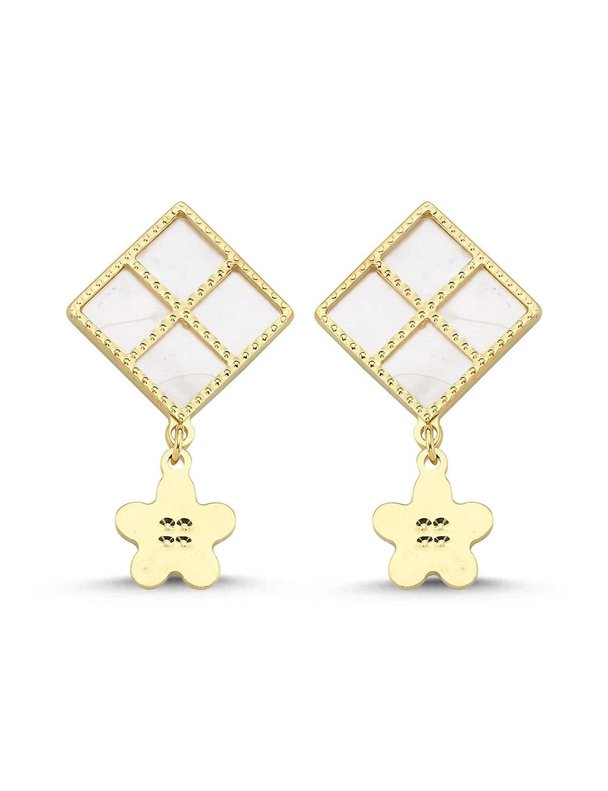 Pembe Sedefli Dörtgen Sallantı Çiçek Altın Küpe